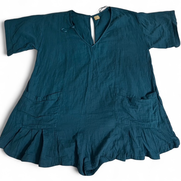 Free People Free-Est - So Lively Romper Teal Sapphire Draped Sleeves Ruffle L - Picture 2 of 3